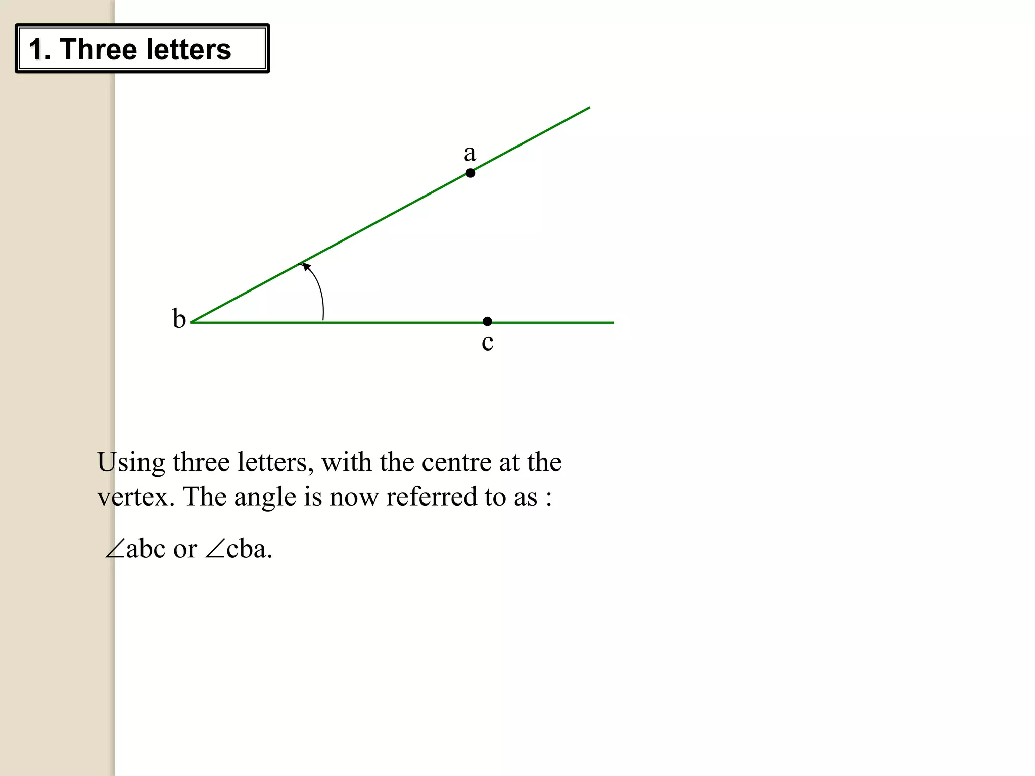 1. Three letters
a
b
c
.
.
Using three letters, with the centre at the
vertex. The angle is now referred to as :
abc or cba.
 