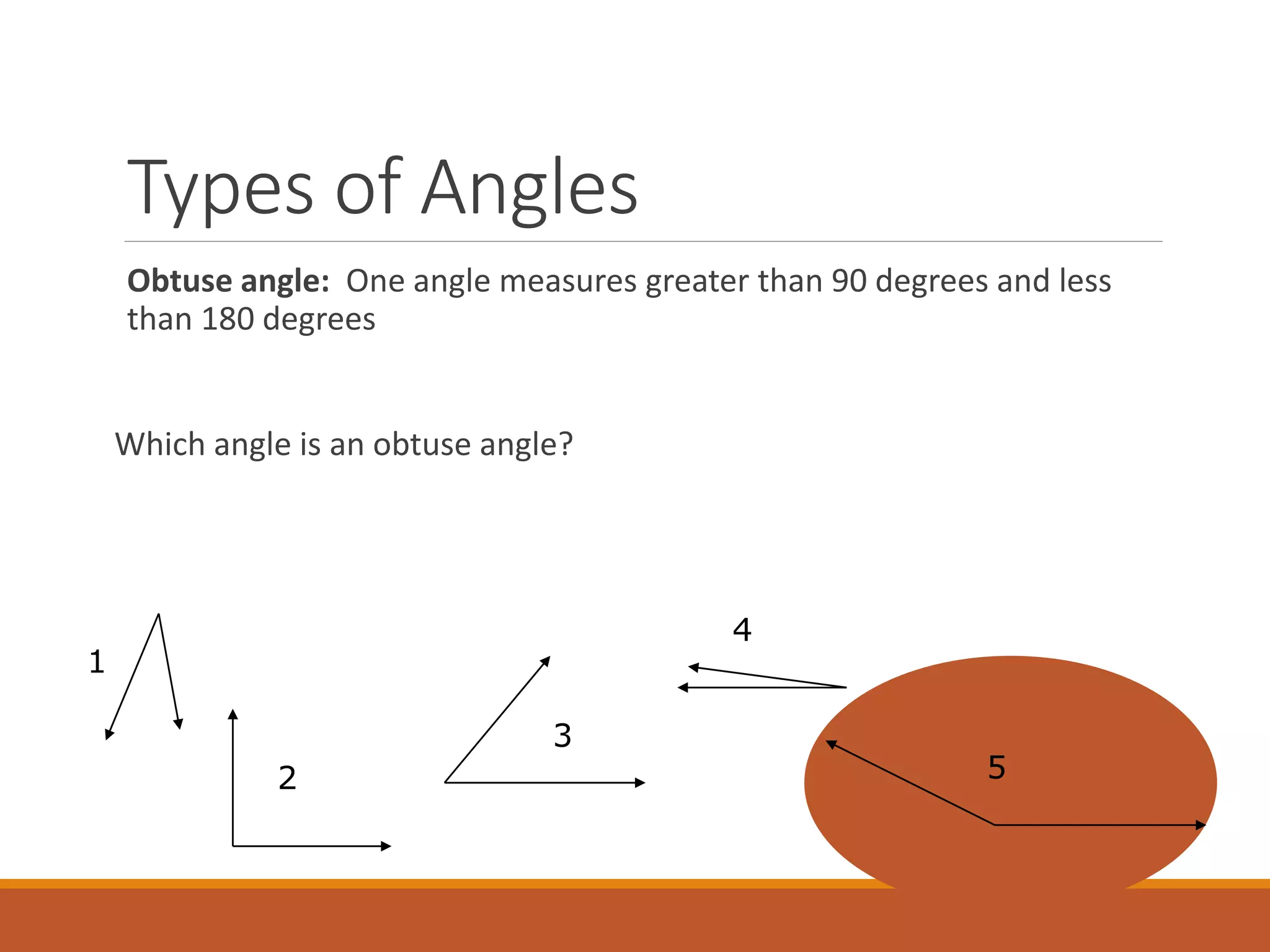 Types of Angles
Obtuse angle: One angle measures greater than 90 degrees and less
than 180 degrees
Which angle is an obtuse angle?
1
2
3
4
5
 