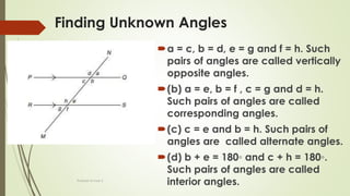 Finding Unknown Angles
a = c, b = d, e = g and f = h. Such
pairs of angles are called vertically
opposite angles.
(b) a = e, b = f , c = g and d = h.
Such pairs of angles are called
corresponding angles.
(c) c = e and b = h. Such pairs of
angles are called alternate angles.
(d) b + e = 180◦ and c + h = 180◦.
Such pairs of angles are called
interior angles.Prakash Kumar S
 