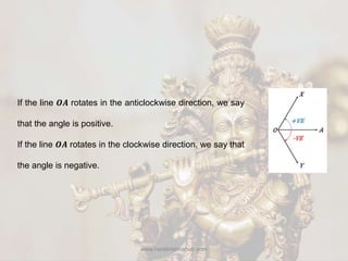 www.harekrishnahub.com
If the line 𝑶𝑨 rotates in the anticlockwise direction, we say
that the angle is positive.
If the line 𝑶𝑨 rotates in the clockwise direction, we say that
the angle is negative.
 