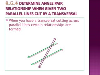  When you have a transversal cutting across
 parallel lines certain relationships are
 formed
 