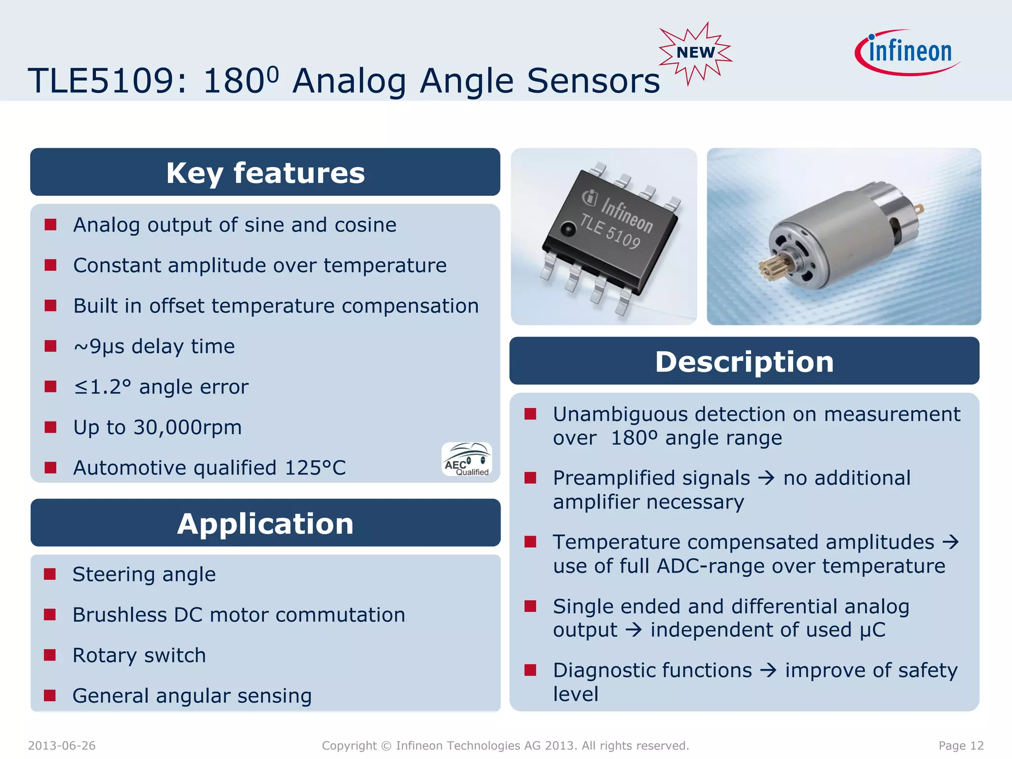 TLE5109: 1800 Analog Angle Sensors

NEW

Key features
 Analog output of sine and cosine
 Constant amplitude over temperature
 Built in offset temperature compensation
 ~9µs delay time

Description

 ≤1.2° angle error

 Unambiguous detection on measurement
over 180º angle range

 Up to 30,000rpm
 Automotive qualified 125°C

Application
 Steering angle
 Brushless DC motor commutation
 Rotary switch
 General angular sensing
2013-06-26

 Preamplified signals  no additional
amplifier necessary
 Temperature compensated amplitudes 
use of full ADC-range over temperature
 Single ended and differential analog
output  independent of used µC

 Diagnostic functions  improve of safety
level
Copyright © Infineon Technologies AG 2013. All rights reserved.

Page 12

 