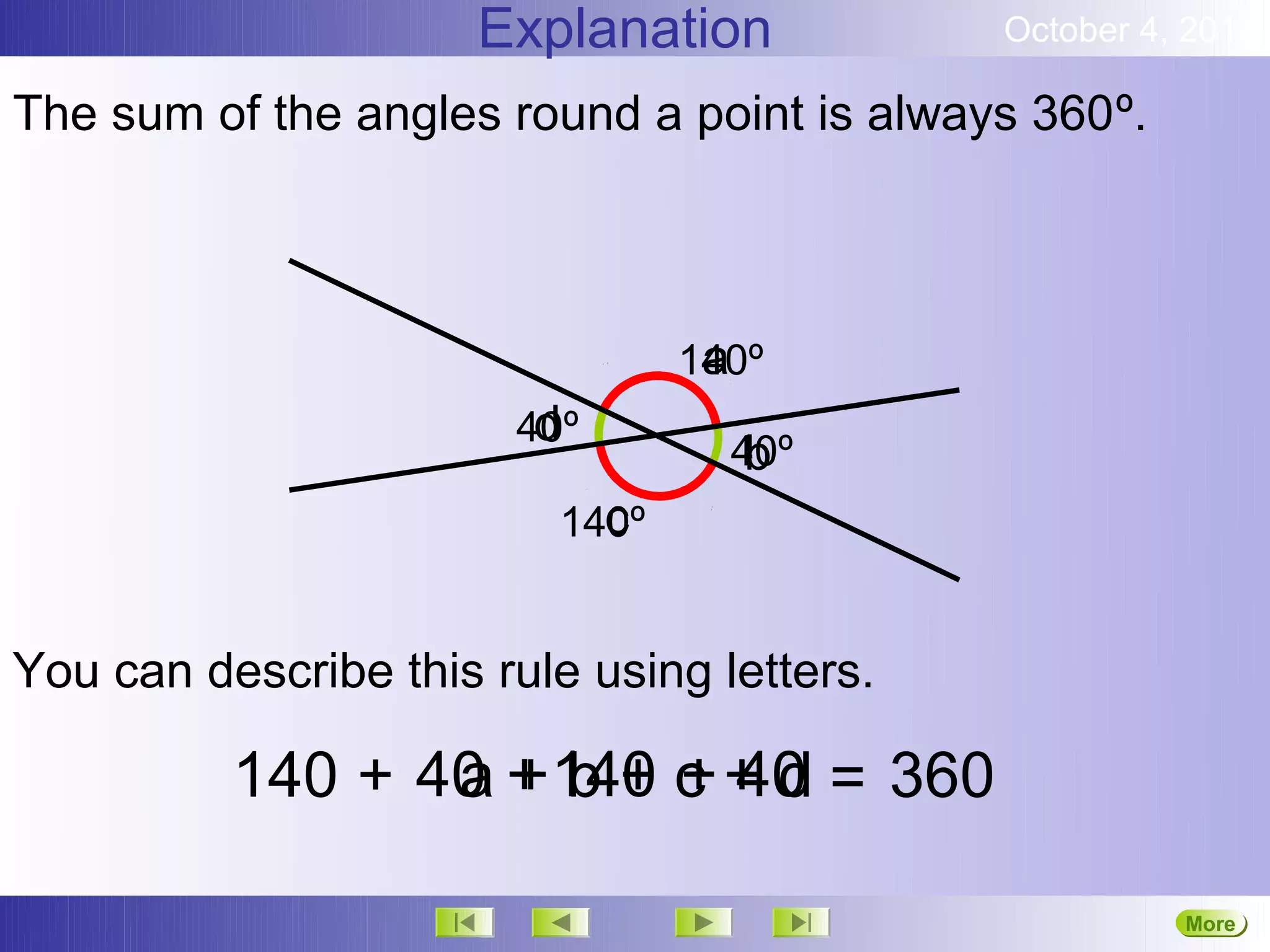Explanation           October 4, 2012

The sum of the angles round a point is always 360º.



                                  a
                                 140º
                        d
                       40º
                                    b
                                   40º
                            c
                          140º


You can describe this rule using letters.

          140 + 40 + 140 c + d = 360
                 a b + + 40

                                                      More
                                                      Next
 