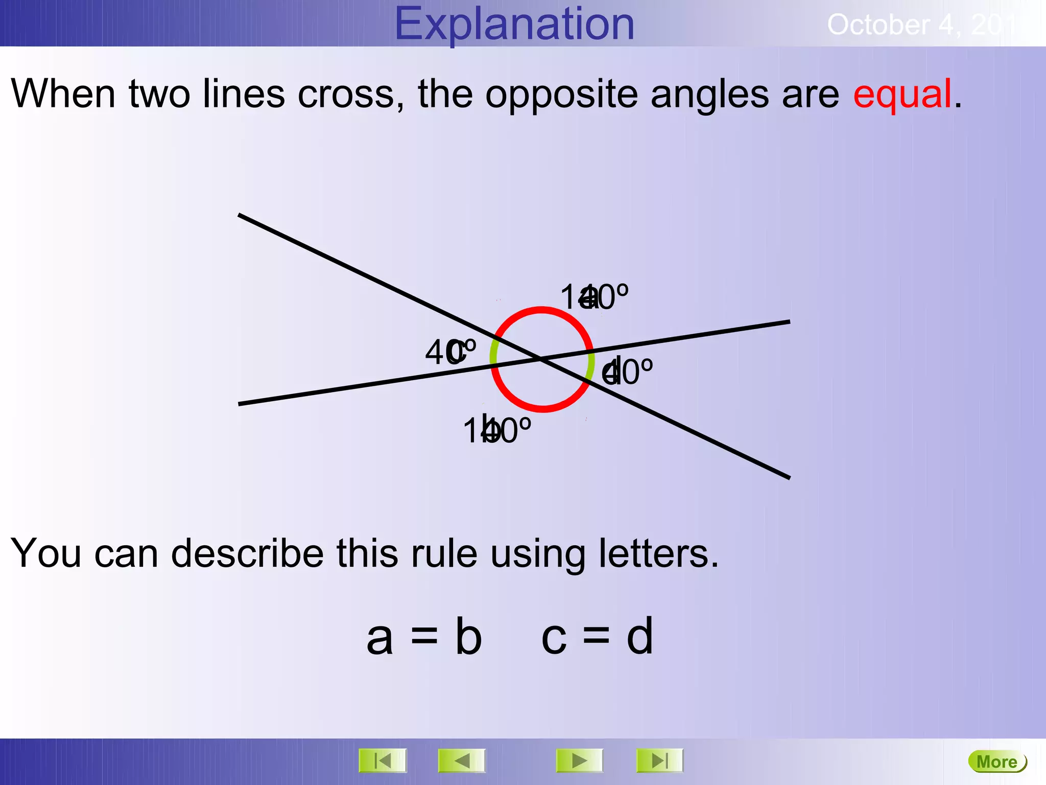 Explanation           October 4, 2012

When two lines cross, the opposite angles are equal.



                                  a
                                 140º
                        c
                       40º
                                   d
                                   40º
                           b
                          140º


You can describe this rule using letters.

                    a=b          c=d

                                                       More
                                                       Next
 