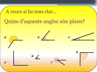 A veure si ho tens clar...

Quins d’aquests angles són plans?
a

b

c

g
e
d

f

 