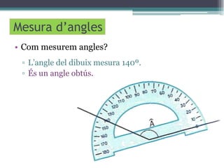 Mesura d’angles
• Com mesurem angles?
▫ L’angle del dibuix mesura 140º.
▫ És un angle obtús.

 