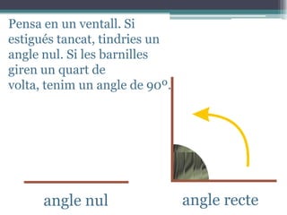 Pensa en un ventall. Si
estigués tancat, tindries un
angle nul. Si les barnilles
giren un quart de
volta, tenim un angle de 90º.

angle nul

angle recte

 