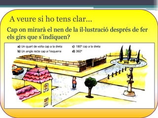 A veure si ho tens clar...
Cap on mirarà el nen de la il·lustració després de fer
els girs que s’indiquen?

 