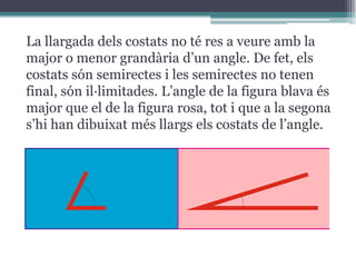 La llargada dels costats no té res a veure amb la
major o menor grandària d’un angle. De fet, els
costats són semirectes i les semirectes no tenen
final, són il·limitades. L’angle de la figura blava és
major que el de la figura rosa, tot i que a la segona
s’hi han dibuixat més llargs els costats de l’angle.

 