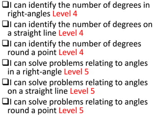 I can identify the number of degrees in
 right-angles Level 4
I can identify the number of degrees on
 a straight line Level 4
I can identify the number of degrees
 round a point Level 4
I can solve problems relating to angles
 in a right-angle Level 5
I can solve problems relating to angles
 on a straight line Level 5
I can solve problems relating to angles
 round a point Level 5
 