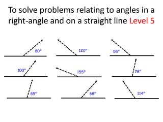 To solve problems relating to angles in a
right-angle and on a straight line Level 5
 