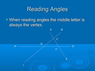 Reading Angles
 When reading angles the middle letter is
 always the vertex.
                       A       B



                           C

                  G
    H                                  D
                           F



                                   E

         I
 