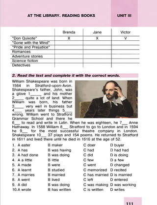 AT THE LIBRARY. READING BOOKS UNIT III
Brenda Jane Victor
“Don Quixote” X X V
“Gone with the Wind”
“Pride and Prejudice”
Romances
Adventure stories
Science fiction
Detectives
2. Read the text and complete it with the correct words.
William Shakespeare was born in
1564 in Stratford-upon-Avon.
Shakespeare’s father, John, was
a glove 1_____ and his mother
2 ___ quite a lot of land. When
William was born, his father
3 ___ very well in business but
4 __ years later things 5___
wrong. William went to Stratford
Grammar School and there he
6__ to read and write in Latin. When he was eighteen, he 7___ Anne
Hathaway. In 1588 William 8__ Stratford to go to London and in 1594
he 9__ for the most successful theatre company in London.
Shakespeare 10 37 plays and 154 poems. He returned to Stratford
in 1611 and lived there until he died in 1616 at the age of 52.
1. A eater B maker C doer D buyer
2. A has B was having C had D had had
3. A had done B was doing C did D is doing
4. A a little B little C few D a few
5. A made B were C went D changed
6. A learnt B studied C memorized D recited
7. A marries B married C has married D is married
8. A went B lived C left D entered
9. A did B was doing C was making D was working
10.A wrote B has written C is written D writes
 