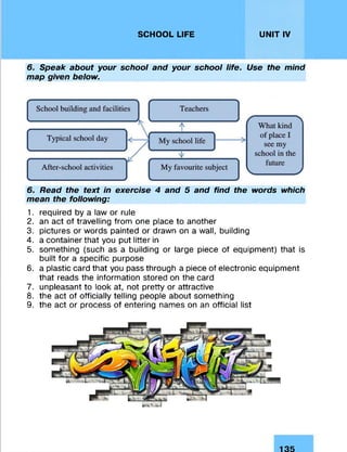 SCHOOL LIFE UNIT IV
6. Speak about your school and your school life. Use the mind
map given below.
6. Read the text in exercise 4 and 5 and find the words which
mean the following:
1. required by a law or rule
2. an act of travelling from one place to another
3. pictures or words painted or drawn on a wall, building
4. a container that you put litter in
5. something (such as a building or large piece of equipment) that is
built for a specific purpose
6. a plastic card that you pass through a piece of electronic equipment
that reads the information stored on the card
7. unpleasant to look at, not pretty or attractive
8. the act of officially telling people about something
9. the act or process of entering names on an official list
135
 