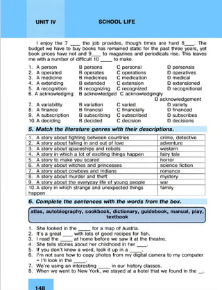 UNIT IV SCHOOL LIFE
I enjoy the 7 ___ the job provides, though times are hard 8___. The
budget we have to buy books has remained static for the past three years, yet
book prices have not and 9___to magazines and periodicals rise. This leaves
me with a number of difficult 10___ to make.
1. A person B persons C personal D personals
2. A operated B operates C operations D operatives
3. A medicine B medicines C medication D medical
4. A extending B extended C extension D extensioned
5. A recognition B recognizing C recognized D recognitional
6. A acknowledging B acknowledgecl C acknowledging^
D acknowledgement
7. A variability B variation C varied D variety
8. A finance B financial C financially D financed
9. A subscription B subscribing C subscribed D subscribes
10. A deciding B decided C decision D decisions
5. Match the literature genres with their descriptions.
1. A story about fighting between countries crime, detective
2. A story about falling in and out of love adventure
3. A story about spaceships and robots western
4. A story in which a lot of exciting things happen fairy tale
5. A story to make you scared horror
6. A story about witches and princesses science fiction
7. A story about cowboys and Indians romance
8. A story about murder and theft mystery
9. A story about the everyday life of young people war
10. A story in which strange and unexpected things
happen
family
6. Complete the sentences with the words from the box.
f . N
atlas, autobiography, cookbook, dictionary, guidebook, manual, play,
textbook
L
1. She looked in the____for a map of Austria.
2. It’s a great___with lots of good recipes for fish.
3. I read the____at home before we saw it at the theatre.
4. She tells stories about her childhood in her___.
5. If you don’t know a word, look it up in a ____.
6. I’m not sure how to copy photos from my digital camera to my computer
- I’ll look in the____.
7. We’re using an interesting____in our history classes.
8. When we went to New York, we stayed at a hotel that we found in the_.
 