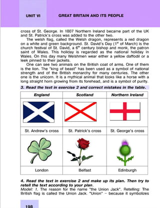 UNIT VI GREAT BRITAIN AND ITS PEOPLE
cross of St. George. In 1807 Northern Ireland becam e part of the UK
and St. Patrick’s cross was added to the other two.
The welsh flag, called the Welsh dragon, represents a red dragon
on a white and green background. St. David’s Day (1st of M arch) is the
church festival of St. David, a 6th century bishop and monk, the patron
saint of Wales. This holiday is regarded as the national holiday in
Wales. On this day many W elshmen wear either a yellow daffodil or a
leek pinned to their jackets.
One can see two animals on the British coat of arms. One of them
is the lion. The “king of beast” has been used as a sym bol of national
strength and of the British m onarchy fo r many centuries. The other
one is the unicorn. It is a m ythical animal that looks like a horse with a
long straight horn growing from its forehead, and is a sym bol of purity.
3. Read the text in exercise 2 and correct mistakes in the table.
4 . Read the text in exercise 2 and make up its plan. Then try to
retell the text according to your plan.
Model: 1. The reason fo r the name “the Union Jack” . Retelling: The
British flag is called the Union Jack. “ Union” - because it sym bolizes
 