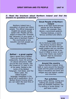 GREAT BRITAIN AND ITS PEOPLE UNIT VI
2. Read the brochure about Northern
answers to questions in exercise 1.
Ireland and find the
Northern Ireland has a
population of about two million
people. The official language is
English but people usually
speak Irish. People call the
island of Ireland the “Emerald
Isle” because it is very green. It
often rains in Northern Ireland.
The countryside is very
beautiful and Irish people are
very friendly.
Great People of Northern
Ireland
Some of the best world famous
people are from Northern
Ireland. For example, Gary
Moore, a prominent guitarist,
Thomas Andrews, a world
famous architect and others.
>
Belfast - a great capital
Have a great time in Belfast.
There are wonderful shops,
restaurants, music life and lots
of cultural attractions. Walk
around the busy streets, visit
the museums, or relax in one
of the parks. Belfast is the
home of the Belfast
Telegraph, Irish News, and The
News Letter, the
oldest English-
language newspaper in the
world still in publication. Go to
Belfast Strand Cinema where
you can watch the best films of
the world.
V
Legends
Go to Dunluce Castle and see
the famous Dunluce Stone.
People say this stone has got
magic powers and you become
a brilliant speaker when you
touch it! What is more: do you
know that Titanic was build in
Belfast? Visit its renowned
shipyards.
<
Around the country
Explore Northern Ireland: drive,
walk or cycle around the beautiful
coast and the green countryside.
Stop in wonderful old towns and
villages and visit historic castles
and churches.
j
r Fun activities
Horse riding, fishing, cycling and
walking are popular activities.
There are fantastic beaches, too.
Try surfing or scuba diving - or
just have a swim!
<
 