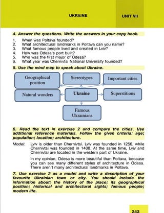 UKRAINE UNIT VII
4. Answer the questions. Write the answers in your copy book.
1. When was Poltava founded?
2. What architectural landmarks in Poltava can you name?
3. What famous people lived and created in Lviv?
4. How was Odesa’s port built?
5. Who was the first major of Odesa?
6. What year was Chernivtsi National University founded?
5. Use the mind map to speak about Ukraine.
6. Read the text in exercise 2 and compare the cities. Use
additional reference materials. Follow the given criteria: age;
population; location; architecture.
Model: Lviv is older than Chernivtsi. Lviv was founded in 1256, while
Chernivtsi was founded in 1408. At the same time, Lviv and
Chernivtsi are located in the western part of Ukraine.
In my opinion, Odesa is more beautiful than Poltava, because
you can see many different styles of architecture in Odesa.
There aren’t many architectural landmarks in Poltava.
7. Use exercise 2 as a model and write a description o f your
favourite Ukrainian town or city. You should include the
information about: the history o f the place; its geographical
position; historical and architectural sights; famous people;
modern life.
 