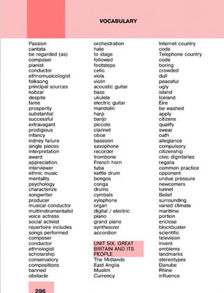 VOCABULARY
Passion
cantata
be regarded (as)
composer
pianist
conductor
ethnomusicologist
folksong
principal sources
kobzar
despite
fame
prosperity
substantial
successful
extravagant
prodigious
infancy
kidney failure
single pieces
interpretation
award
appreciation.
interviewer
ethnic music
mentality
psychology
characterize
songwriter
producer
musical conductor
multiinstrumentalist
voice actress
social activist
repertoire includes
songs performed
composer
conductor
ethnologist
scholarship
conservatory
compositions
banned
obstacle
orchestration
hate
to stage
followed
footsteps
cello
viola
violin
acoustic guitar
bass
ukulele
electric guitar
mandolin
harp
banjo
piccolo
clarinet
oboe
bassoon
saxophone
recorder
trombone
French horn
tuba
kettle drum
bongos
conga
drums
cymbals
xylophone
organ
digital / electric
piano
grand piano
synthesizer
accordion
UNIT SIX. GREAT
BRITAIN AND ITS
PEOPLE
The Midlands
East Anglia
Muslim
Currency
Internet country
code
Telephone country
code
boring
crowded
dull
peaceful
ugly
island
Iceland
Eire
be washed
apply
citizens
qualify
swear
oath
allegiance
compulsory
citizenship
civic dignitaries
regalia
common practice
opponent
undue pressure
newcomers
tunnel
Belief
surrounding
varied climate
maritime
portion
enclose
blockbuster
scientific
television
invent
emblems
landmarks
stereotypes
Danube
Rhine
influence
 