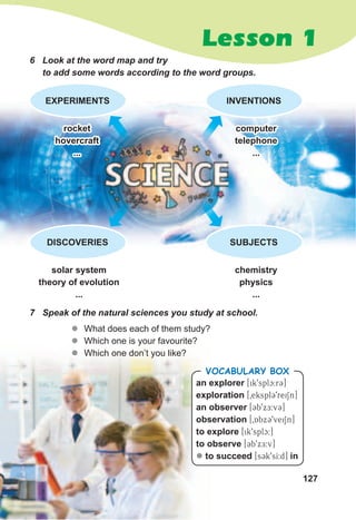 127
Lesson 1
6	 Look	at	the	word	map	and	try	
to	add	some	words	according	to	the	word	groups.
an explorer [ik9splc:r3]
exploration [0ekspl39reiSn]
an observer [3b9xE:v3]
observation [0Abx39veiSn]
to explore [ik9splc:]
to observe [3b9xE:v]
z to succeed [sCk9sI:d] in
Vocabulary box
EXPERIMENTS
DISCOVERIES
INVENTIONS
SUBjECTS
rocket
hovercraft
...
solar system
theory of evolution
...
computer
telephone
...
chemistry
physics
...
7	 Speak	of	the	natural	sciences	you	study	at	school.
zz What does each of them study?
zz Which one is your favourite?
zz Which one don’t you like?
 