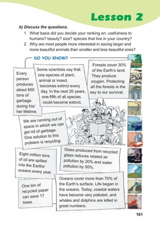 161
Lesson 2
One ton of
recycled paper
can save 17
trees.
Eight million tons
of oil are spilled
into the Earths’
oceans every year.
Eight million tonsEight million tons
We are running out of
space in which we can
get rid of garbage.
One solution to this
problem is recycling.
Forests cover 30%
of the Earth’s land.
They produce
oxygen. Protecting
all the forests is the
key to our survival.
Every
person
produces
about 650
tons of
garbage
during his/
her lifetime.
b)	Discuss	the	questions.
1 What basis did you decide your ranking on: usefulness to
humans? beauty? size? species that live in your country?
2 Why are most people more interested in saving larger and
more beautiful animals than smaller and less beautiful ones?
all the forests is the
key to our survival.
produces
about 650
during his/
Some scientists say that
one species of plant,
animal or insect
becomes extinct every
day. In the next 20 years,
one-fifth of all species
could become extinct.
one-fifth of all species
could become extinct.
Glass produced from recycled
glass reduces related air
pollution by 20% and water
pollution by 50%.
Oceans cover more than 70% of
the Earth’s surface. Life began in
the oceans. Today, coastal waters
have become very polluted, and
whales and dolphins are killed in
great numbers.
Do you KNoW?
 
