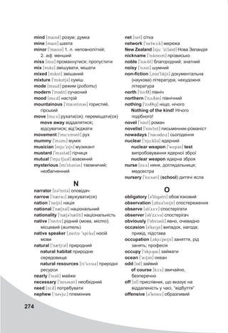 274
mind [maind] розум; думка
mine [main] шахта
minor [9main3] 1. n. неповнолітній;
2. adj. менший
miss [mis] промахнутися; пропустити
mix [miks] змішувати, мішати
mixed [mikst] змішаний
mixture [9mikstS3] суміш
mode [m3ud] режим (роботи)
modern [9mAdn] сучасний
mood [mu:d] настрій
mountainous [9maUntin3s] гористий,
гірський
move [mu:v] рухати(ся); переміщати(ся)
move away віддалятися;
відсуватися; від’їжджати
movement [9mu:vm3nt] рух
mummy [9mymi] мумія
musician [mju:9xiSn] музикант
mustard [9myst3d] гірчиця
mutual [9mju:tSu3l] взаємний
mysterious [mi9sti3rI3s] таємничий;
незбагненний
N
narrator [n3@9reit3@] оповідач
narrow [9n2r3U] звужувати(ся)
nation [@9neISn] нація
national [9n2Sn3l] національний
nationality [9n2S39n2lItI] національність
native [9neitiv] рідний (мова, місто);
місцевий (житель)
native speaker [0neitiv 9spI:k3] носій
мови
natural [9n2tSr3@l] природний
natural habitat природне
середовище
natural resources [rI:9sc:six] природні
ресурси
nearly [9ni3lI] майже
necessary [9nes@3s@3rI] необхідний
need [nI:d] потребувати
nephew [‘nevju:] племінник
net [net] сітка
network [9netwE:k] мережа
New Zealand [nju: 9xI:l@3nd] Нова Зеландія
nickname [9nikneim] прізвисько
noble [9n3Ubl] благородний; знатний
noisy [9ncixI] шумний
non-fiction [0nAn9fikSn] документальна
(наукова) література; нехудожня
література
north [9nc:T8] північ
northern [9nc:q3n] північний
nothing [9nyOiN] ніщо, нічого
Nothing of the kind! Нічого
подібного!
novel [9nAvl] роман
novelist [9nAvlist] письменник-романіст
nowadays [9naU3deix] сьогодення
nuclear [9nju:klI3] ядерний
nuclear weapon [9wep3n] test
випробовування ядерної зброї
nuclear weapon ядерна зброя
nurse [nE:s] няня, доглядальниця;
медсестра
nursery [9nE:s3rI] (school) дитячі ясла
O
obligatory [39blig3trI] обов’язковий
observation [0Abx39veiSn] спостереження
observe [3b9xE:v] спостерігати
observer [3b9xE:v3] спостерігач
obviously [9AbvI3slI] явно, очевидно
occasion [39keizn] випадок, нагода;
привід, підстава
occupation [0AkjU9peiSn] заняття, рід
занять; професія
occupy [9AkjUpai] займати
ocean [9CUS3@n] океан
odd [Ad] зайвий
of course [kc:s] звичайно,
безперечно
off [Af] прислівник, що вказує на
віддаленість у часі, “відбуття”
offensive [39fensiv] образливий
 