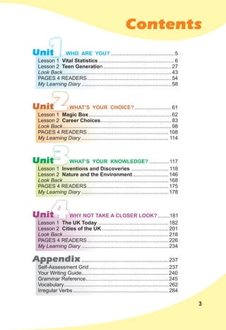 Contents
1
2
3
4
Unit
Unit
Unit
Unit
Appendix............................................................237
Lesson 1 Vital Statistics ....................................................6
Lesson 2 Teen Generation...............................................27
Look Back...........................................................................43
PAGES 4 READERS..........................................................54
My Learning Diary ..............................................................58
Lesson 1 Magic Box.........................................................62
Lesson 2 Career Choices.................................................83
Look Back...........................................................................98
PAGES 4 READERS........................................................108
My Learning Diary ............................................................ 114
Lesson 1 Inventions and Discoveries .......................... 118
Lesson 2 Nature and the Environment.........................146
Look Back.........................................................................168
PAGES 4 READERS........................................................175
My Learning Diary ............................................................178
Lesson 1 The UK Today.................................................182
Lesson 2 Cities of the UK ..............................................201
Look Back.........................................................................218
PAGES 4 READERS........................................................226
My Learning Diary ............................................................234
Self-Assessment Grid.......................................................237
Your Writing Guide............................................................240
Grammar Reference.........................................................245
Vocabulary........................................................................262
Irregular Verbs..................................................................284
WHO ARE YOU? ............................................5
WHAT’S YOUR CHOICE?......................... 61
WHAT’S YOUR KNOWLEDGE? ..............117
WHY NOT TAKE A CLOSER LOOK? ........181
3
 