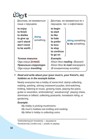 32
1	 Read and write about your (your mum’s, your friend’s, etc)
hobbies as in the example below.
Nearly everyone has a hobby of some kind: stamp collecting,
reading, painting, solving crossword puzzles, bird-watching,
knitting, listening to music, growing roses, playing the piano,
guitar or accordion, embroidering1
, woodcarving2
, playing chess,
dominoes or billiard, collecting postcards, horseback riding, or
gardening.
Example:
My hobby is picking mushrooms.
My mum’s hobbies are knitting and cooking.
My father’s hobby is collecting coins.
1
embroidering [ɪmˈbroɪdərɪŋ] — вишивання
2
woodcarving [ˈwʊdkɑ:vɪŋ] — різьба по дереву
Типова помилка:
Olga enjoys to travel.
Правильна структура:
Olga enjoys travelling.
to enjoy
to finish
to dislike
to give up
can’t stand
don’t mind
to be worth
to begin
to start
to like
to hate
to prefer
to love
to stop
to continue
to go on
doing something
to do something
doing
something
Example:
Alison likes reading. (Взагалі)
Alison likes to read newspapers.
(В конкретному випадку)
L K
Дієслова, які вживаються як з
герундієм, так і з інфінітивом:
Дієслова, які вживаються
лише з герундієм.
 