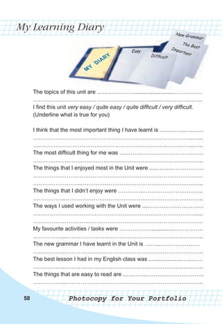 The topics of this unit are ……..…………..........................……………
……………………………………………………….......………………….
I find this unit very easy / quite easy / quite difficult / very difficult.
(Underline what is true for you)
I think that the most important thing I have learnt is …………...………
…………………………………………………………………………..…...
…………………………………………………………………………...…..
The most difficult thing for me was ………………………………………
………………..………………………………………………………….…..
The things that I enjoyed most in the Unit were ....……..………………
……………………………………………………………………………….
……………………...………………………………………………………..
The things that I didn’t enjoy were …………..…………………………..
……………...………………………………………………………………..
The ways I used working with the Unit were ....…………….….……….
…………………………………………………………………………….....
……………………………………………………………………………….
My favourite activities / tasks were ……………….............…………….
……………...………………………………………………………………..
The new grammar I have learnt in the Unit is ……...…………………
……………...………………………………………………………………..
The best lesson I had in my English class was .....................…...……
……………...………………………………………………………………..
The things that are easy to read are .………...………………………….
……………...………………………………………………………………..
The topics of this unit are ……..…………..........................……………
Photocopy for Your Portfolio
My Learning Diary
58
 
