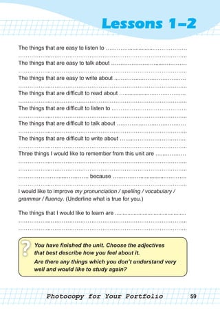 Photocopy for Your Portfolio
The things that are easy to listen to ………….................………………
……………...………………………………………………………………..
The things that are easy to talk about ……………………......…………
……………...………………………………………………………………..
The things that are easy to write about ...………...…………………….
……………...………………………………………………………………..
The things that are difficult to read about …................………………..
……………...………………………………………………………………..
The things that are difficult to listen to .………………………………….
……………...………………………………………………………………..
The things that are difficult to talk about …………..……………………
……………...………………………………………………………………..
The things that are difficult to write about ……..……………………….
……………...………………………………………………………………..
Three things I would like to remember from this unit are …..…………
……………...………………………………………………………………..
……………...………………………………………………………………..
………………….....…………. because ……………................….……..
……………...………………………………………………………………..
I would like to improve my pronunciation / spelling / vocabulary /
grammar / fluency. (Underline what is true for you.)
The things that I would like to learn are ..............................................
……………...………………………………………………………………..
……………...………………………………………………………………..
You	have	fi	nished	the	unit.	Choose	the	adjectives	
that	best	describe	how	you	feel	about	it.? Are	there	any	things	which	you	don’t	understand	very	
well	and	would	like	to	study	again?
59
Lessons 1-2
 
