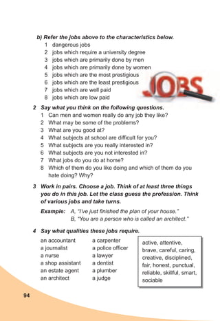 b)	Refer	the	jobs	above	to	the	characteristics	below.
1 dangerous jobs
2 jobs which require a university degree
3 jobs which are primarily done by men
4 jobs which are primarily done by women
5 jobs which are the most prestigious
6 jobs which are the least prestigious
7 jobs which are well paid
8 jobs which are low paid
2	 Say	what	you	think	on	the	following	questions.
1 Can men and women really do any job they like?
2 What may be some of the problems?
3 What are you good at?
4 What subjects at school are difficult for you?
5 What subjects are you really interested in?
6 What subjects are you not interested in?
7 What jobs do you do at home?
8 Which of them do you like doing and which of them do you
hate doing? Why?
3	 Work	in	pairs.	Choose	a	job.	Think	of	at	least	three	things	
you	do	in	this	job.	Let	the	class	guess	the	profession.	Think	
of	various	jobs	and	take	turns.
Example: A, “I’ve just finished the plan of your house.”
B, “You are a person who is called an architect.”
4	 Say	what	qualities	these	jobs	require.
an accountant
a journalist
a nurse
a shop assistant
an estate agent
an architect
a carpenter
a police officer
a lawyer
a dentist
a plumber
a judge
94
active, attentive,
brave, careful, caring,
creative, disciplined,
fair, honest, punctual,
reliable, skillful, smart,
sociable
 