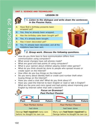 L UNIT 3. SCIENCE AND TECHNOLOGY
102
X
Past Present Future
LESSON 29
1. Listen to the dialogue and write down the sentences
in the Passive Voice.
A: Have Bob’s birthday presents been
wrapped yet?
B: Yes, they’ve already been wrapped.
A: Has the birthday cake been bought yet?
B: Yes, it’s already been bought.
A: Has it been decorated yet?
B: Yes, it’s already been decorated, and all the
invitations have been sent.
2. Group work. Discuss the following questions.
 How do you think face to face communication differs from
communication using computers?
 What social changes have cell phones made?
 What are good and bad points of using computers?
 What is your opinion about children playing violent video games?
 What do you think should be done to people who spread viruses or
create spam on the Internet?
 How often do you buy things on the Internet?
 Do you worry about identity theft or credit card number theft when
buying things on the Internet?
 Have you used a chat site? What do you think about it?
 Have you used the Internet to learn English or read or talk in English?
What are the pros and cons (good and bad points) about improving your
English by Internet rather than with a teacher?
Focus on Grammar!
Past Perfect Passive
Past Perfect Active Past Perfect Passive
had done had been done
George had repaired many cars
before he bought his own car.
Many cars had been repaired by
George before he bought his own car.
ESSON29
Past Present Future
X
 