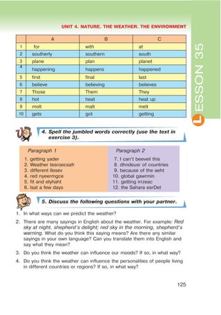 L
UNIT 4. NATURE. THE WEATHER. THE ENVIRONMENT
125
ESSON35
A B C
1 for with at
2 southerly southern south
3 plane plan planet
4
happening happens happened
5 first final last
6 believe believing believes
7 Those Them They
8 hot heat heat up
9 molt malt melt
10 gets got getting
4. Spell the jumbled words correctly (use the text in
exercise 3).
Paragraph 1
1. getting yader
2. Weather tesroecsafr
3. different llesev
4. red nyeermgce
5. fit and elyhaht
6. lsat a few days
Paragraph 2
7. I can’t beeveil this
8. dhndeusr of countries
9. because of the aeht
10. global gawrmin
11. getting irrzeac
12. the Sahara esrDet
5. Discuss the following questions with your partner.
1. In what ways can we predict the weather?
2. There are many sayings in English about the weather. For example: Red
sky at night, shepherd’s delight; red sky in the morning, shepherd’s
warning. What do you think this saying means? Are there any similar
sayings in your own language? Can you translate them into English and
say what they mean?
3. Do you think the weather can influence our moods? If so, in what way?
4. Do you think the weather can influence the personalities of people living
in different countries or regions? If so, in what way?
 