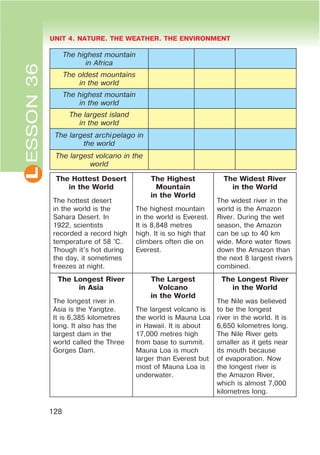 L UNIT 4. NATURE. THE WEATHER. THE ENVIRONMENT
128
ESSON36
The highest mountain
in Africa
The oldest mountains
in the world
The highest mountain
in the world
The largest island
in the world
The largest archipelago in
the world
The largest volcano in the
world
The Hottest Desert
in the World
The hottest desert
in the world is the
Sahara Desert. In
1922, scientists
recorded a record high
temperature of 58 °C.
Though it’s hot during
the day, it sometimes
freezes at night.
The Highest
Mountain
in the World
The highest mountain
in the world is Everest.
It is 8,848 metres
high. It is so high that
climbers often die on
Everest.
The Widest River
in the World
The widest river in the
world is the Amazon
River. During the wet
season, the Amazon
can be up to 40 km
wide. More water flows
down the Amazon than
the next 8 largest rivers
combined.
The Longest River
in Asia
The longest river in
Asia is the Yangtze.
It is 6,385 kilometres
long. It also has the
largest dam in the
world called the Three
Gorges Dam.
The Largest
Volcano
in the World
The largest volcano is
the world is Mauna Loa
in Hawaii. It is about
17,000 metres high
from base to summit.
Mauna Loa is much
larger than Everest but
most of Mauna Loa is
underwater.
The Longest River
in the World
The Nile was believed
to be the longest
river in the world. It is
6,650 kilometres long.
The Nile River gets
smaller as it gets near
its mouth because
of evaporation. Now
the longest river is
the Amazon River,
which is almost 7,000
kilometres long.
 