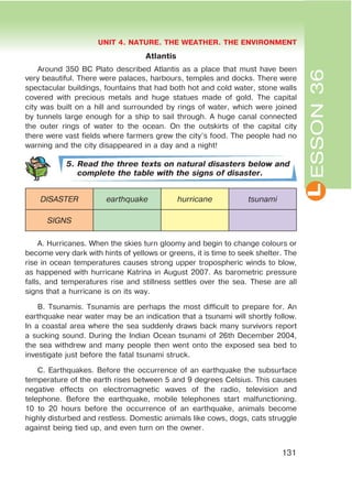 L
UNIT 4. NATURE. THE WEATHER. THE ENVIRONMENT
131
ESSON36
Atlantis
Around 350 BC Plato described Atlantis as a place that must have been
very beautiful. There were palaces, harbours, temples and docks. There were
spectacular buildings, fountains that had both hot and cold water, stone walls
covered with precious metals and huge statues made of gold. The capital
city was built on a hill and surrounded by rings of water, which were joined
by tunnels large enough for a ship to sail through. A huge canal connected
the outer rings of water to the ocean. On the outskirts of the capital city
there were vast fields where farmers grew the city’s food. The people had no
warning and the city disappeared in a day and a night!
5. Read the three texts on natural disasters below and
complete the table with the signs of disaster.
DISASTER earthquake hurricane tsunami
SIGNS
A. Hurricanes. When the skies turn gloomy and begin to change colours or
become very dark with hints of yellows or greens, it is time to seek shelter. The
rise in ocean temperatures causes strong upper tropospheric winds to blow,
as happened with hurricane Katrina in August 2007. As barometric pressure
falls, and temperatures rise and stillness settles over the sea. These are all
signs that a hurricane is on its way.
B. Tsunamis. Tsunamis are perhaps the most difficult to prepare for. An
earthquake near water may be an indication that a tsunami will shortly follow.
In a coastal area where the sea suddenly draws back many survivors report
a sucking sound. During the Indian Ocean tsunami of 26th December 2004,
the sea withdrew and many people then went onto the exposed sea bed to
investigate just before the fatal tsunami struck.
C. Earthquakes. Before the occurrence of an earthquake the subsurface
temperature of the earth rises between 5 and 9 degrees Celsius. This causes
negative effects on electromagnetic waves of the radio, television and
telephone. Before the earthquake, mobile telephones start malfunctioning.
10 to 20 hours before the occurrence of an earthquake, animals become
highly disturbed and restless. Domestic animals like cows, dogs, cats struggle
against being tied up, and even turn on the owner.
 