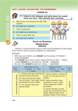 L UNIT 4. NATURE. THE WEATHER. THE ENVIRONMENT
144
LESSON 39
1. Listen to the dialogue and write down the modal
verbs you hear. Then identify their meaning.
A: What’s your son going to do after high
school?
B: He might be a plumber.
A: That’s a good job.
B: He might be an electrician.
A: That’s a good field, too.
B: He really can’t decide.
Focus on Grammar
Modal Verbs
SHOULD
“Should” is most commonly used to make recommendations or give advice.
It can also be used to express obligation or expectation.
Examples:
 When you go to Berlin, you should visit the palaces in Potsdam. –
recommendation
 You should focus more on your family and less on work. – advice
 I really should be in the office by 7:00 AM. – obligation
 By now, they should already be in Dubai. – expectation
Mea-
ning
Affirmative Forms
1. = Present 2. = Past
3. = Future
Negative Forms
1. = Present 2. = Past
3. = Future
Also
use:
recommendation,advice
1. People with high cholesterol
should eat low-fat foods.
2. Frank should have eaten
low-fat foods. That might have
prevented his heart attack.
3. You should really start
eating better.
1. Sarah shouldn’t smoke so
much. It’s not good for her
health.
2. Sarah shouldn’t have
smoked so much. That’s
what caused her health
problems.
3. Sarah shouldn’t smoke
when she visits Martha next
week. Martha hates when
people smoke in her house.
oughtto
ESSON39
 