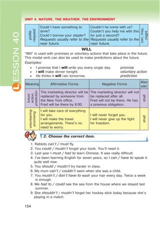 L UNIT 4. NATURE. THE WEATHER. THE ENVIRONMENT
154
ESSON40
polite
request
Could I have something to
drink?
Could I borrow your stapler?
Requests usually refer to the
near future.
Couldn’t he come with us?
Couldn’t you help me with this
for just a second?
Requests usually refer to the
near future.
can,may,
might
WILL
“Will” is used with promises or voluntary actions that take place in the future.
This modal verb can also be used to make predictions about the future.
Examples:
 I promise that I will write you every single day. promise
 I will make dinner tonight. voluntary action
 He thinks it will rain tomorrow. prediction
Meaning Affirmative Forms Negative Forms
Also
use:
future
action,
prediction
The marketing director will be
replaced by someone from
the New York office.
Fred will be there by 8:00.
The marketing director will not
be replaced after all.
Fred will not be there. He has
a previous obligation.
shall
volunteering
promising
I will take care of everything
for you.
I will make the travel
arrangements. There’s no
need to worry.
I will never forget you.
I will never give up the fight
for freedom.
shall
2. Choose the correct item.
1. Rabbits can’t / must fly.
2. You could / mustn’t forget your book. You’ll need it.
3. Last year I must / had to learn Chinese. It was really difficult.
4. I’ve been learning English for seven years, so I can / have to speak it
quite well now.
5. You should / mustn’t try harder in class.
6. My mum can’t / couldn’t swim when she was a child.
7. You mustn’t / don’t have to wash your hair every day. Twice a week
is enough.
8. We had to / could see the sea from the house where we stayed last
summer.
9. She shouldn’t / mustn’t forget her hockey stick today because she’s
playing in a match.
 