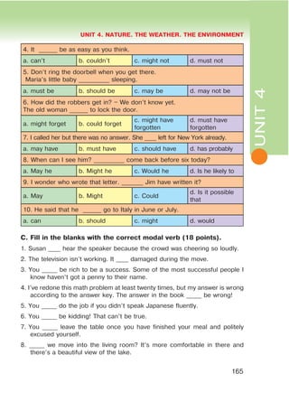 L
UNIT 4. NATURE. THE WEATHER. THE ENVIRONMENT
165
4. It ______ be as easy as you think.
a. can’t b. couldn’t c. might not d. must not
5. Don’t ring the doorbell when you get there.
Maria’s little baby __________ sleeping.
a. must be b. should be c. may be d. may not be
6. How did the robbers get in? – We don’t know yet.
The old woman ______ to lock the door.
a. might forget b. could forget
c. might have
forgotten
d. must have
forgotten
7. I called her but there was no answer. She ____ left for New York already.
a. may have b. must have c. should have d. has probably
8. When can I see him? __________ come back before six today?
a. May he b. Might he c. Would he d. Is he likely to
9. I wonder who wrote that letter. _______ Jim have written it?
a. May b. Might c. Could
d. Is it possible
that
10. He said that he ______ go to Italy in June or July.
a. can b. should c. might d. would
C. Fill in the blanks with the correct modal verb (18 points).
1. Susan ____ hear the speaker because the crowd was cheering so loudly.
2. The television isn’t working. It ____ damaged during the move.
3. You _____ be rich to be a success. Some of the most successful people I
know haven’t got a penny to their name.
4. I’ve redone this math problem at least twenty times, but my answer is wrong
according to the answer key. The answer in the book _____ be wrong!
5. You _____ do the job if you didn’t speak Japanese fluently.
6. You _____ be kidding! That can’t be true.
7. You _____ leave the table once you have finished your meal and politely
excused yourself.
8. _____ we move into the living room? It’s more comfortable in there and
there’s a beautiful view of the lake.
UNIT4
 
