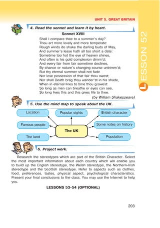 L
UNIT 5. GREAT BRITAIN
203
ESSON52
4. Read the sonnet and learn it by heart.
Sonnet XVIII
Shall I compare thee to a summer’s day?
Thou art more lovely and more temperate:
Rough winds do shake the darling buds of May,
And summer’s lease hath all too short a date:
Sometime too hot the eye of heaven shines,
And often is his gold complexion dimm’d;
And every fair from fair sometime declines,
By chance or nature’s changing course untrimm’d;
But thy eternal summer shall not fade
Nor lose possession of that fair thou owest;
Nor shall Death brag thou wander’st in his shade,
When in eternal lines to time thou growest:
So long as men can breathe or eyes can see,
So long lives this and this gives life to thee.
(by William Shakespeare)
5. Use the mind map to speak about the UK.
6. Project work.
Research the stereotypes which are part of the British Character. Select
the most important information about each country which will enable you
to build up the English stereotype, the Welsh stereotype, the Northern-Irish
stereotype and the Scottish stereotype. Refer to aspects such as clothes,
food, preferences, tastes, physical aspect, psychological characteristics.
Present your final conclusions to the class. You may use the Internet to help
you.
LESSONS 53-54 (OPTIONAL)
Popular sightsLocation British character
Famous people
The land
Some notes on history
Population
The UK
 