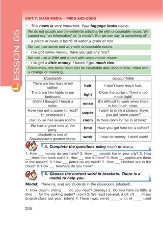UNIT 7. MASS MEDIA $ PROS AND CONSL
238
• This news is very important. Your luggage looks heavy.
We do not usually use the indefinite article a/an with uncountable nouns. We
cannot say “an information” or “a music”. But we can say “a something of”:
• a piece of news,a bottle of water,a grain of rice.
We can use some and any with uncountable nouns:
• I’ve got some money. Have you got any rice?
We can use a little and much with uncountable nouns:
• I’ve got a little money. I haven’t got much rice.
Sometimes, the same noun can be countable and uncountable, often with
a change of meaning.
Countable Uncountable
There are two hairs in my
coffee!
hair I don’t have much hair.
There are two lights in our
bedroom.
light
Close the curtain. There’s too
much light!
Shhh! I thought I heard a
noise.
noise
It’s difficult to work when there
is too much noise.
Have you got a paper to read?
(= newspaper)
paper
I want to draw a picture. Have
you got some paper?
Our house has seven rooms. room Is there room for me to sit here?
We had a great time at the
party.
time Have you got time for a coffee?
Macbeth is one of
Shakespeare’s greatest works.
work I have no money. I need work!
4. Complete the questions using much or many.
1. How ___ money do you have? 2. How ___ people live in your city? 3. How
___ does that book cost? 4. How ___ rice is there? 5. How ___ apples are there
in the basket? 6. How ___ petrol do we need? 7. How ___ children are in the
class? 8. How ___ teachers do you have?
5. Choose the correct word in brackets. There is a
model to help you.
Model: There (is, are) are students in the classroom. (student).
1. How (much, many) ___ do you need? (money) 2. Do you have (a little, a
few)___ for the parking meter? (coin) 3. We read (several, a bit of) ___ in our
English class last year. (story) 4. There (was, were) _____ a lot of _____ used
ESSON65
 