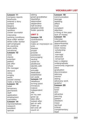 VOCABULARY LIST
269
Lesson 11
company reports
brochures
entered a story
contest
lawyers
footballers
spotless
career counselor
internship
working conditions
blue-collar worker
white-collar worker
self-employed
do overtime
work shifts
vocational
Lesson 12
mine
clients
entertain
patient
job offer
refuse
life manager
demand
retire
employ
worth
pocket money
make a fortune
Lesson 13
retail
temporary
permanent
staff
application
employment
counsellor
Lesson 14
representatives
research
excellent
spouse
sibling
great-grandfather
stepfather
stepmother
stepbrother
half-brother
adopted child
foster parents
UNIT 2
Lesson 16
contributions
support
make an impression on
smb
disease
proper
provide
assistance
encouraging
neutral
cared for
adulthood
identify with
shatter
annually
dedicated
established
set aside
Lesson 17
rebellious
turning point
immature
mature
independent
silly
on my own
grow up
take after
looked after
get on with
make up
tell smb off
count on
Lesson 18
communication
average
wedding
affect
treat
complaint
attention
a thing of the past
lack of money
Lesson 19
interview
qualifications
apprenticeship
youth worker
raise money
scholarship
attend
marriage
divorced
remarried
earn a degree
undergraduate
community organizer
elect
graduation
discrimination
attorney
mentor
dating
advocacy work
grateful
Lesson 20
crazy
loner
slim
attractive
piercing
patient
obedient
mean
spiritual
critical
complimentary
loyal
 