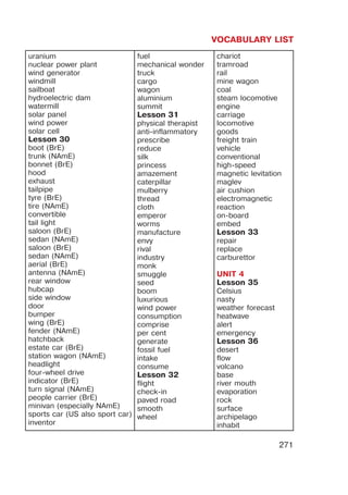 VOCABULARY LIST
271
uranium
nuclear power plant
wind generator
windmill
sailboat
hydroelectric dam
watermill
solar panel
wind power
solar cell
Lesson 30
boot (BrE)
trunk (NAmE)
bonnet (BrE)
hood
exhaust
tailpipe
tyre (BrE)
tire (NAmE)
convertible
tail light
saloon (BrE)
sedan (NAmE)
saloon (BrE)
sedan (NAmE)
aerial (BrE)
antenna (NAmE)
rear window
hubcap
side window
door
bumper
wing (BrE)
fender (NAmE)
hatchback
estate car (BrE)
station wagon (NAmE)
headlight
four-wheel drive
indicator (BrE)
turn signal (NAmE)
people carrier (BrE)
minivan (especially NAmE)
sports car (US also sport car)
inventor
fuel
mechanical wonder
truck
cargo
wagon
aluminium
summit
Lesson 31
physical therapist
anti-inflammatory
prescribe
reduce
silk
princess
amazement
caterpillar
mulberry
thread
cloth
emperor
worms
manufacture
envy
rival
industry
monk
smuggle
seed
boom
luxurious
wind power
consumption
comprise
per cent
generate
fossil fuel
intake
consume
Lesson 32
flight
check-in
paved road
smooth
wheel
chariot
tramroad
rail
mine wagon
coal
steam locomotive
engine
carriage
locomotive
goods
freight train
vehicle
conventional
high-speed
magnetic levitation
maglev
air cushion
electromagnetic
reaction
on-board
embed
Lesson 33
repair
replace
carburettor
UNIT 4
Lesson 35
Celsius
nasty
weather forecast
heatwave
alert
emergency
Lesson 36
desert
flow
volcano
base
river mouth
evaporation
rock
surface
archipelago
inhabit
 