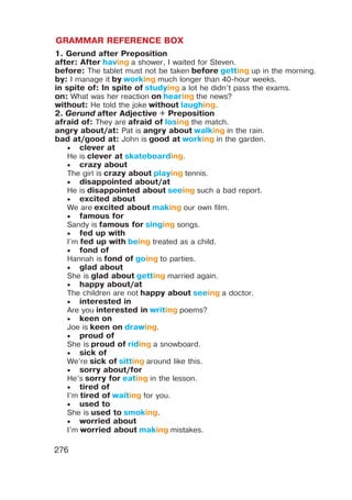 GRAMMAR REFERENCE BOX
276
1. Gerund after Preposition
after: After having a shower, I waited for Steven.
before: The tablet must not be taken before getting up in the morning.
by: I manage it by working much longer than 40-hour weeks.
in spite of: In spite of studying a lot he didn’t pass the exams.
on: What was her reaction on hearing the news?
without: He told the joke without laughing.
2. Gerund after Adjective + Preposition
afraid of: They are afraid of losing the match.
angry about/at: Pat is angry about walking in the rain.
bad at/good at: John is good at working in the garden.
 clever at
He is clever at skateboarding.
 crazy about
The girl is crazy about playing tennis.
 disappointed about/at
He is disappointed about seeing such a bad report.
 excited about
We are excited about making our own film.
 famous for
Sandy is famous for singing songs.
 fed up with
I’m fed up with being treated as a child.
 fond of
Hannah is fond of going to parties.
 glad about
She is glad about getting married again.
 happy about/at
The children are not happy about seeing a doctor.
 interested in
Are you interested in writing poems?
 keen on
Joe is keen on drawing.
 proud of
She is proud of riding a snowboard.
 sick of
We’re sick of sitting around like this.
 sorry about/for
He’s sorry for eating in the lesson.
 tired of
I’m tired of waiting for you.
 used to
She is used to smoking.
 worried about
I’m worried about making mistakes.
 