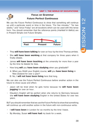 L
39
UNIT 1. THE WORLD OF OCCUPATIONS
Focus on Grammar
Future Perfect Continuous
We use the Future Perfect Continuous to show that something will continue
up until a particular event or time in the future. “For five minutes,” “for two
weeks,” and “since Friday” are all durations which can be used with this tense
form. You should remember that the reference points (marked in italics) are
in Present Simple (not Future Simple).
Past Present Future
• They will have been talking for over an hour by the time Thomas arrives.
• She will have been working at that company for three years when it
finally closes.
• James will have been teaching at the university for more than a year
by the time he leaves for Asia.
• How long will you have been studying when you graduate?
• A: When you finish your English course, will you have been living in
New Zealand for over a year?
B: No, I will not have been living here that long.
We can also use the Future Perfect Continuous before another action in the
future to show cause and effect.
• Jason will be tired when he gets home because he will have been
jogging for over an hour.
• Claudia’s English will be perfect when she returns to Germany because
she will have been studying English in the United States for over two
years.
BUT you should remember that we use the Future Perfect to show that something
will continue up until another action in the future with non-continuous verbs.
• I will have been in London for six months by the time I leave.
• By Monday, Susan will have had my book for a week.
ESSON12
X
 