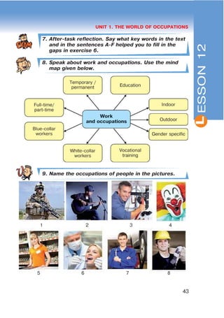 L
43
UNIT 1. THE WORLD OF OCCUPATIONS
7. After-task reflection. Say what key words in the text
and in the sentences A-F helped you to fill in the
gaps in exercise 6.
8. Speak about work and occupations. Use the mind
map given below.
9. Name the occupations of people in the pictures.
ESSON12
1 2 3 4
5 6 7 8
 