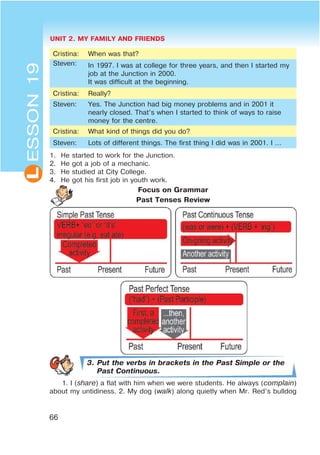 UNIT 2. MY FAMILY AND FRIENDS
66
L
Cristina: When was that?
Steven: In 1997. I was at college for three years, and then I started my
job at the Junction in 2000.
It was difficult at the beginning.
Cristina: Really?
Steven: Yes. The Junction had big money problems and in 2001 it
nearly closed. That’s when I started to think of ways to raise
money for the centre.
Cristina: What kind of things did you do?
Steven: Lots of different things. The first thing I did was in 2001. I …
1. He started to work for the Junction.
2. He got a job of a mechanic.
3. He studied at City College.
4. He got his first job in youth work.
Focus on Grammar
Past Tenses Review
3. Put the verbs in brackets in the Past Simple or the
Past Continuous.
1. I (share) a flat with him when we were students. He always (complain)
about my untidiness. 2. My dog (walk) along quietly when Mr. Red’s bulldog
ESSON19
 
