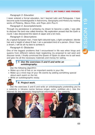 UNIT 2. MY FAMILY AND FRIENDS
69
L
Paragraph 3: Education
I never entered a formal education, but I learned Latin and Portuguese. I have
become quite knowledgeable in Astronomy, Geography and History by reading
works of Ptolemy, Marco Polo, and Pope John Pius II.
Paragraph 4: Accomplishments
Through my persistence in achieving my dream to become a sailor, I was able
to discover the land now called America. My exploration proved that the Earth is
round. I also discovered the island of Japan and a lot more.
Paragraph 5: Descriptions
As a typical European man, I have light coloured eyes, a light complexion, blonde
hair and a height of about 6 feet. I am a persistent kind of a person. Once I have
a dream, I will do all my best to achieve it.
Paragraph 6: Obstacles
One of the biggest problems that I encountered in life was when kings and
queens from different nations kept neglecting my proposal to sail west and
discover lands. I finally convinced the Queen of Spain to allow me to sail west
and give me all the necessary materials and money for sailing.
7. Use the exercises 5 and 6 and write an
autobiography.
Use the following algorithm:
 Make up a list of five or six important events in your life;
 Make up a mind map of your life events by adding something special
about each event on the list;
 Write an autobiographic essay.
8. Project work.
Use the exercises 5 and 6 and write an antobiography pretending you’re
a celebrity in Ukraine (some famous singer, actor, polititian etc.). Use the
Internet for the necessary biographical information of the celebrity.
ESSON19
 