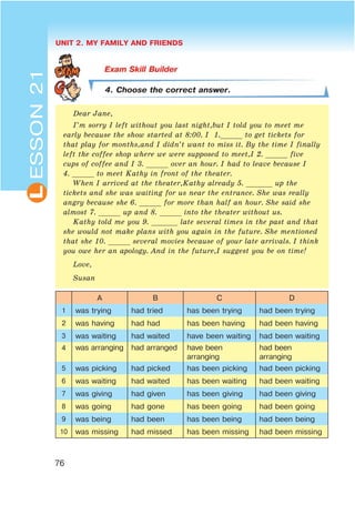 UNIT 2. MY FAMILY AND FRIENDS
76
L
4. Choose the correct answer.
Dear Jane,
I’m sorry I left without you last night,but I told you to meet me
early because the show started at 8:00. I 1._____ to get tickets for
that play for months,and I didn’t want to miss it. By the time I finally
left the coffee shop where we were supposed to meet,I 2. _____ five
cups of coffee and I 3. _____ over an hour. I had to leave because I
4. _____ to meet Kathy in front of the theater.
When I arrived at the theater,Kathy already 5. ______ up the
tickets and she was waiting for us near the entrance. She was really
angry because she 6. _____ for more than half an hour. She said she
almost 7. _____ up and 8. _____ into the theater without us.
Kathy told me you 9. ______ late several times in the past and that
she would not make plans with you again in the future. She mentioned
that she 10. _____ several movies because of your late arrivals. I think
you owe her an apology. And in the future,I suggest you be on time!
Love,
Susan
A B C D
1 was trying had tried has been trying had been trying
2 was having had had has been having had been having
3 was waiting had waited have been waiting had been waiting
4 was arranging had arranged have been
arranging
had been
arranging
5 was picking had picked has been picking had been picking
6 was waiting had waited has been waiting had been waiting
7 was giving had given has been giving had been giving
8 was going had gone has been going had been going
9 was being had been has been being had been being
10 was missing had missed has been missing had been missing
ESSON21
 
