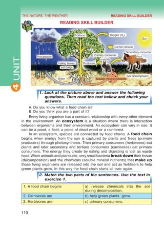 THE NATURE. THE WEATHER
4
Sun
Oxygen (O2
)
Carbon dioxide
(fox)
Secondary consumer
Primary consumer
(rabbit)
Producers
Precipitation
Falling leaves
and twigs
Soil decomposers
Soluble mineral nutrients
Water
Producer
110
UNIT
READING SKILL BUILDER
1. Look at the picture above and answer the following
questions. Then read the text bellow and check your
answers.
A.	Do you know what a food chain is?
B.	Do you think you are a part of it?
Every living organism has a constant relationship with every other element
in the environment. An ecosystem is a situation where there is interaction
between organisms and their environment. An ecosystem can vary in size: it
can be a pond, a field, a piece of dead wood or a rainforest.
In an ecosystem, species are connected by food chains. A food chain
begins when energy from the sun is captured by plants and trees (primary
producers) through photosynthesis. Then primary consumers (herbivores) eat
plants and later secondary and tertiary consumers (carnivores) eat primary
consumers. The energy they create by eating and digesting is lost as waste
heat. When animals and plants die, very small bacteria break down their tissue
(decomposition) and the chemicals (soluble mineral nutrients) that make up
those living organisms are released into the soil and act as fertilisers to help
green plants grow. In this way the food chain starts all over again.
2. Match the two parts of the sentences. Use the text in
exercise 1.
1. A food chain begins a) release chemicals into the soil
during decomposition.
2. Carnivores are b) help green plants grow.
3. Herbivores are c) primary consumers.
READING SKILL BUILDER
 