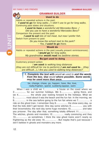 12
1
UNIT MY FAMILY AND FRIENDS
GRAMMAR BUILDER
Used to do
Habits or repeated actions in the past:
I used to go for long walks. / I didn't use to go for long walks.
Continuing past states and situations:
I used to have a wonderful old Mercedes Benz. /
Did you use to have a wonderful Mercedes Benz?
Comparison the present and the past: 	
I used to eat lots of red meat, but now I prefer fish.
Switch from present to past:
Do you know the school next to the park?
– Yes, I used to go there.
Would do
Habits or repeated actions in the past (usually present reminiscences):
I would go for long walks.
My grandmother would read me bedtime stories.
Be/get used to doing
Customary present action:
I am used to walking long distances
(they are not difficult for me to perform)./I am not used to... (they
are difficult...) / Are you used to walking long distances?
1. Complete the text with would or used to and the words
from the box. Use would where possible. Some words
may be used more than once.
be, change, chase, go, happen, have, like, love,
really/frighten, spend, suddenly/appear, swim
When I was a child we 1................. a house on the coast where we
2................. for our summer holidays. We 3................. going there, and
we 4................. the whole year looking forward to the holidays. What we
5................. most about it was the beach and the fun fair. In the morning, we
6................. in the sea before going to the fun fair where we 7................. a
ride on the ghost train. I remember they 8................. the show every day, so
that the kids didn’t get bored. One day some witches 9................. you with
their broomsticks; the next day some huge monsters 10................. and take
you prisoner. The day after that, something totally different 11................. .
The witches, ghosts and monsters 12................. really convincing and they
13................. us sometimes. I think the new ghost trains aren’t nearly as
frightening as the old ones 14................. . But maybe that’s just because I
don’t believe in ghosts and monsters any more.
GRAMMAR BUILDER
 